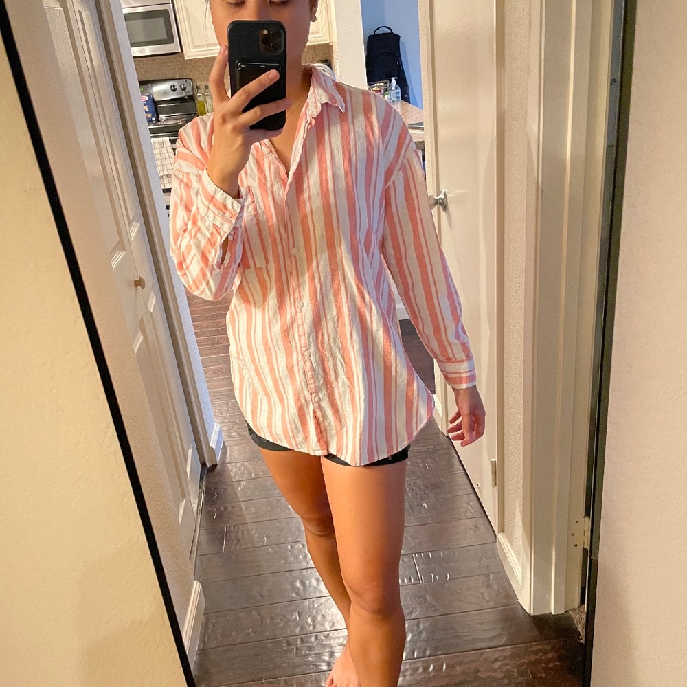 White and Pink Striped Linen Top